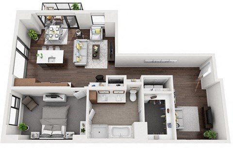 Floor plan for 1 bed, 1 bath, 1107 sqft